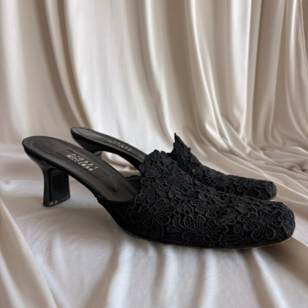 Stuart Weitzman Black Lace Mules - Square Toe, Kitten/Block Heel, Size 11